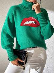 Green turtleneck sweater with sequin lip detail and balloon sleeves.