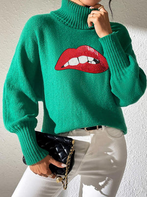 Green turtleneck sweater with sequin lip detail and balloon sleeves.