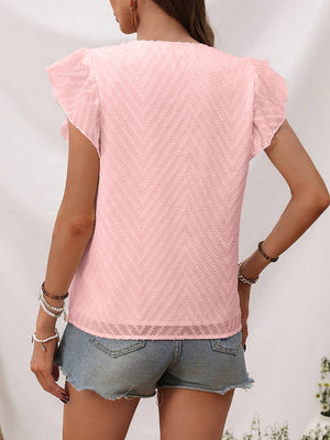 Blush pink textured chevron flutter sleeve blouse with sheer detail