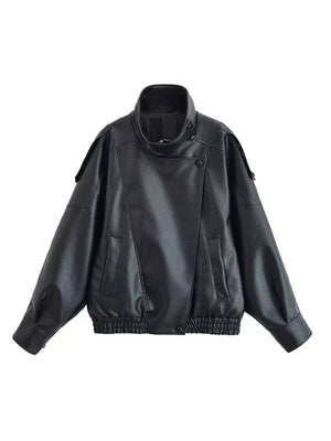 Zip-up Faux Leather Moto Jacket in Brown, back view