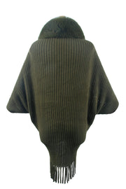 Army green ribbed knit cape with faux fur collar and fringe hem