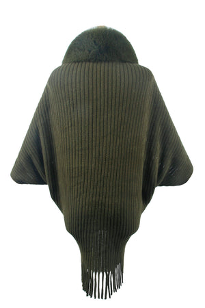 Army green ribbed knit cape with faux fur collar and fringe hem
