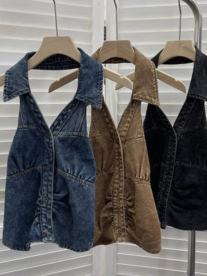 Gathered denim halter top with collar in blue, khaki, and black, featuring button front and V-neck.