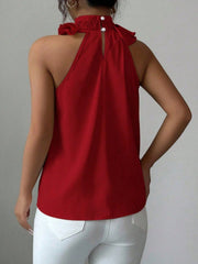 Red ruffled high neck sleeveless blouse with button closure at back neck