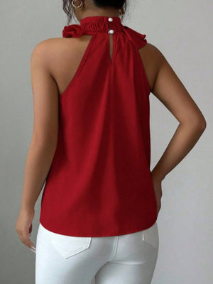 Red ruffled high neck sleeveless blouse with button closure at back neck