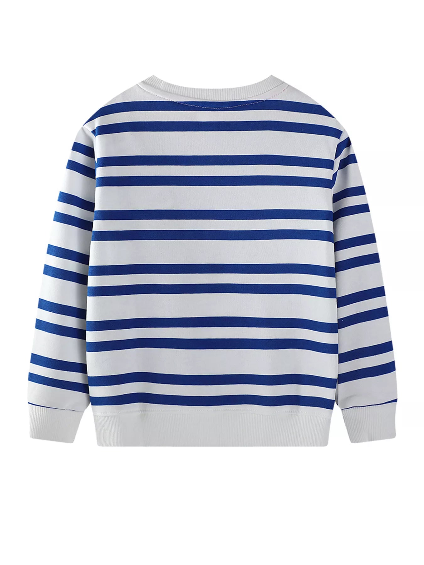 Baby sweatshirt white with blue stripes, crew neck, long sleeves, ribbed cuffs and hem.
