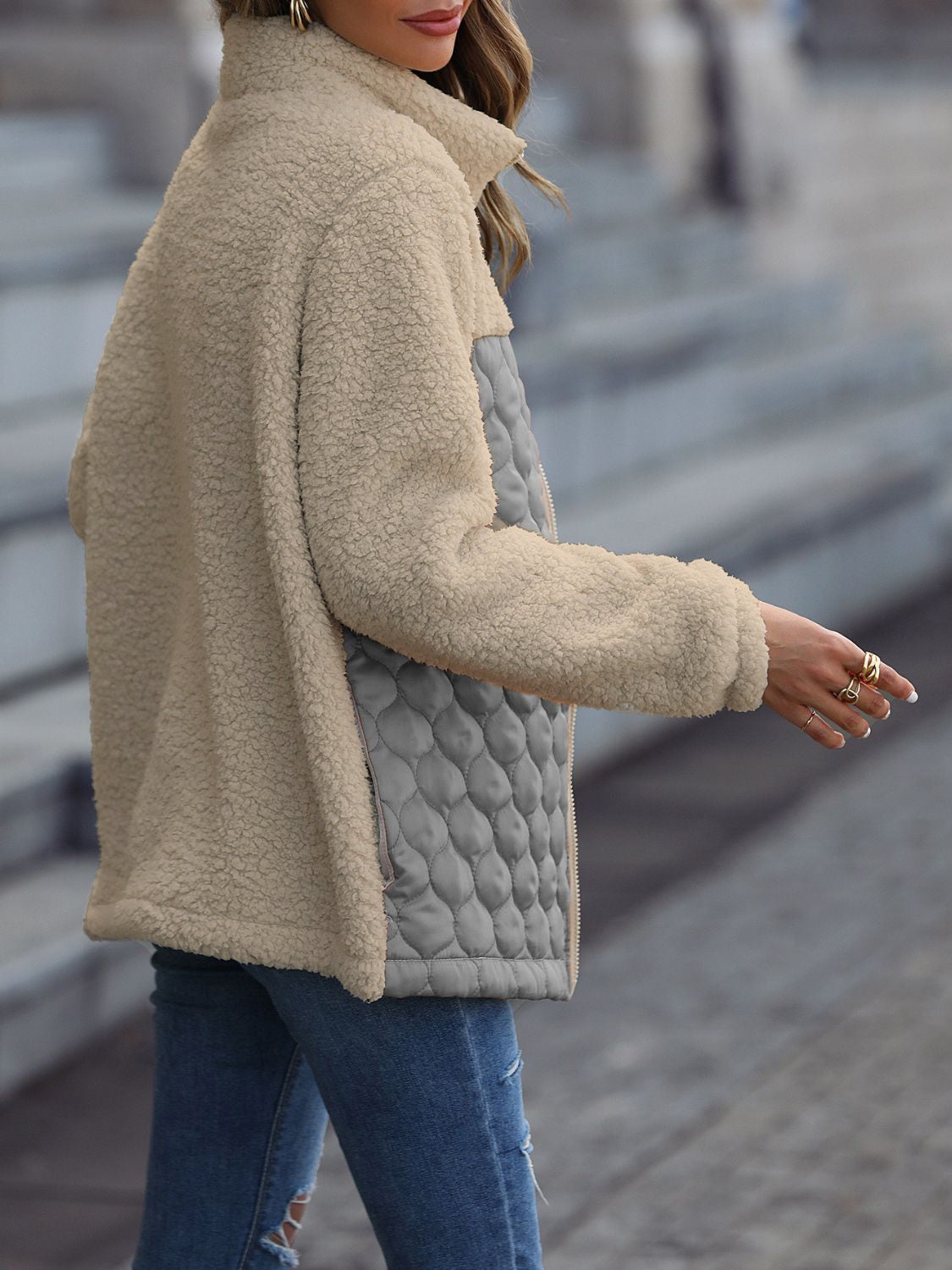 Teddy & quilted panel zip jacket in beige with grey quilted side panels.