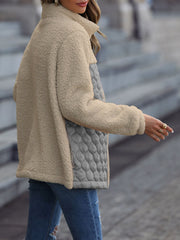 Teddy & quilted panel zip jacket in beige with grey quilted side panels.