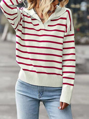 Striped polo knit sweater with a V-neck and ribbed cuffs and hem.