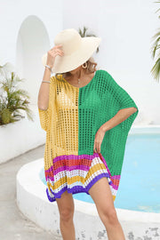 Yellow and green mesh cover-up with scoop neck, half sleeves, and striped hem.