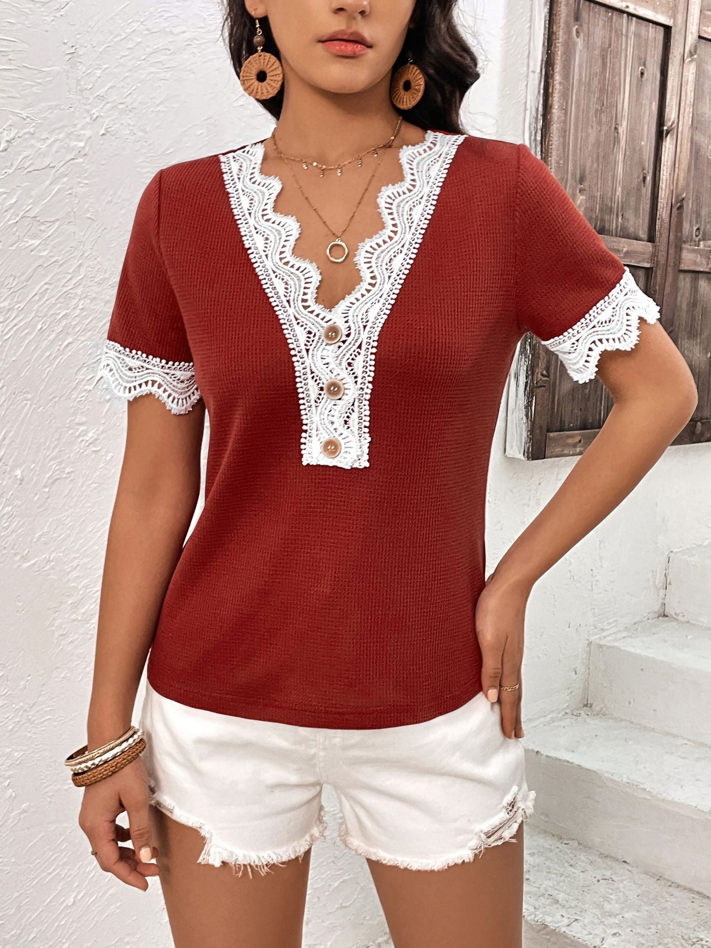 Burgundy waffle knit henley with lace trim and button detail