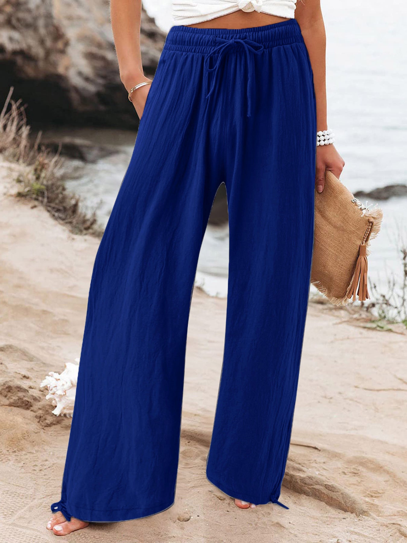 Full Size Drawstring Wide Leg Pants Plus Size in Fuchsia, close-up detail