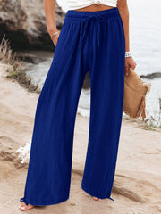 Full Size Drawstring Wide Leg Pants Plus Size in Fuchsia, close-up detail