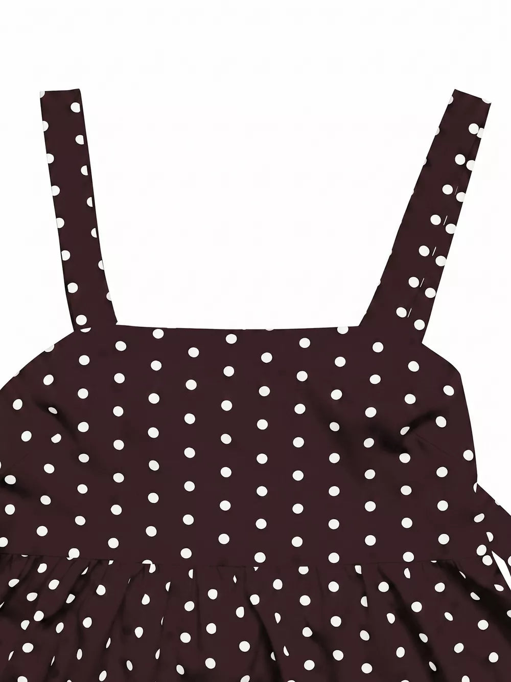 Brown polka dot camisole with tie-back detail and square neckline.
