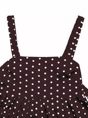 Brown polka dot camisole with tie-back detail and square neckline.