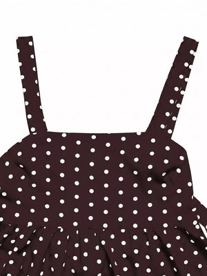 Brown polka dot camisole with tie-back detail and square neckline.