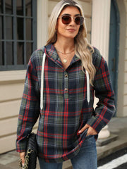 Plaid Henley hooded shirt with button detail and white drawstrings, in a dark navy, red, and green plaid pattern.