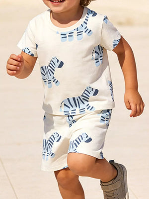 Toddler boys' cotton tee and shorts set with blue zebra print.