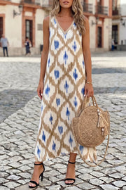 Charming Ikat Print V-neck Midi Dress