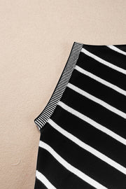 Black and white striped knit tee with contrast ribbed trim detail.