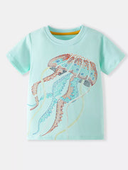 Toddler tee in light blue cotton with a colorful embroidered jellyfish graphic.