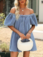 Light blue denim off-shoulder mini dress with tie-front and puff sleeves