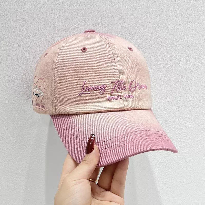 Peach powder cotton baseball cap with gradient and embroidered text detail