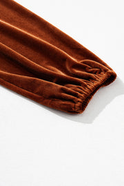 Brown velvet henley blouse with gathered elastic cuff detail