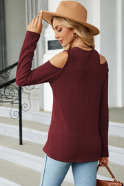 Burgundy textured cable knit cold shoulder long sleeve top