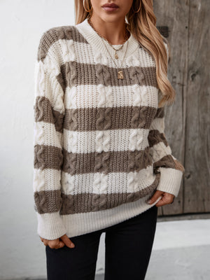 Cable knit stripe crewneck sweater in taupe and cream with textured stripes.