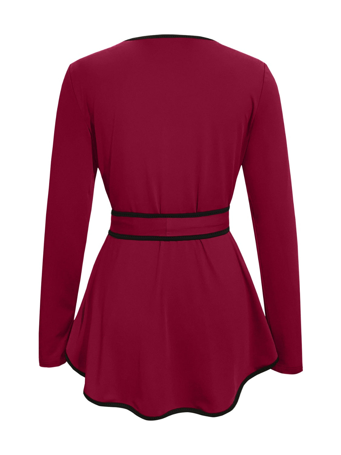 Burgundy peplum blouse with long sleeves, tie detail at waist, and black trim.