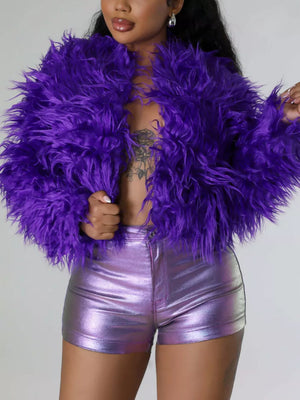 Faux Fur Open Front Cropped Outerwear in Red, product detail