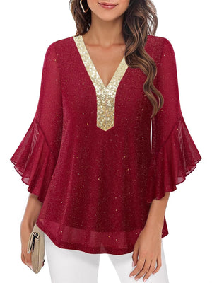 Red sequin V-neck blouse with bell sleeves and gold sequin trim, shimmering fabric.