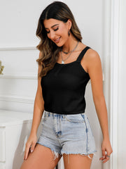 Black textured knit tank top with button detail and wide straps