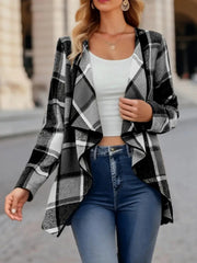 Asymmetric plaid drape front jacket in dark gray, white, and black, with a waterfall collar and open front.