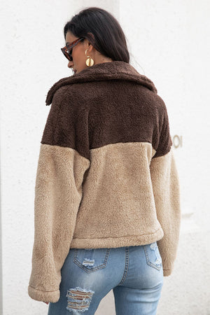 Colorblock teddy zip-up jacket in brown and khaki with a collared neckline and fuzzy texture.