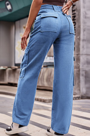 Dusty blue utility pocket wide leg cargo pants with back pockets and side cargo pockets.