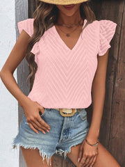 Blush pink textured chevron v-neck blouse with flutter sleeves