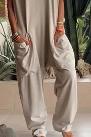 Casual V-neck Short Sleeve Jumpsuit With Pockets in Orange, side view