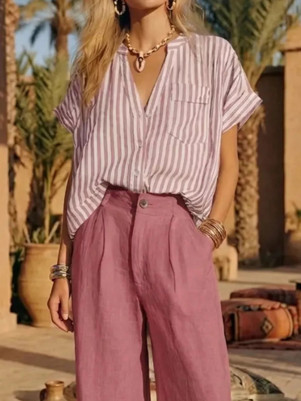Full Size Striped Button Up Shirt And Pants Set Plus Size, model styling view