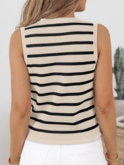 Button-front knit top in tan with black breton stripes, sleeveless mock neck.