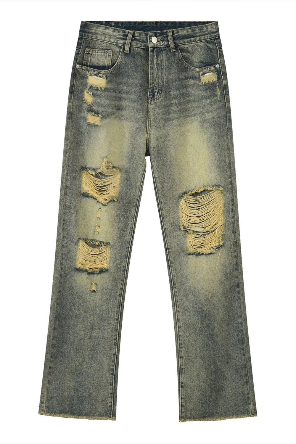 Distressed baggy denim jeans in medium wash with shredded knees and a casual fit.