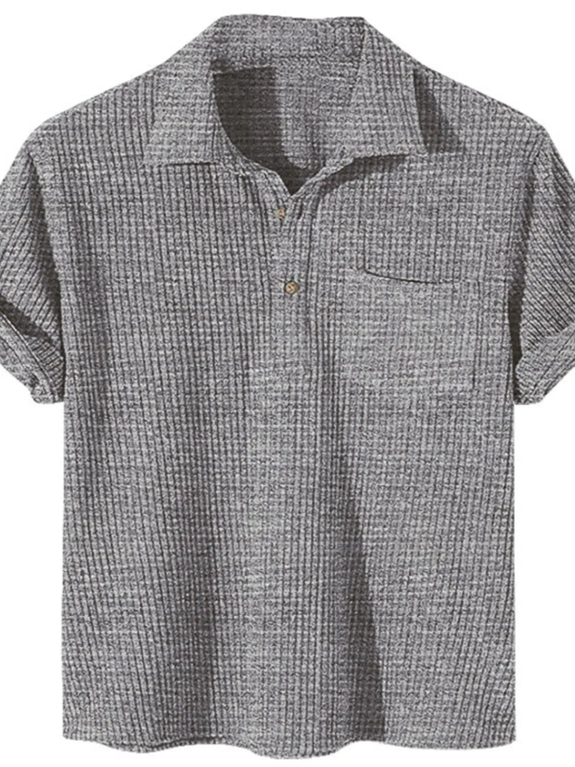 Dark gray ribbed polo shirt with rolled sleeves and chest pocket