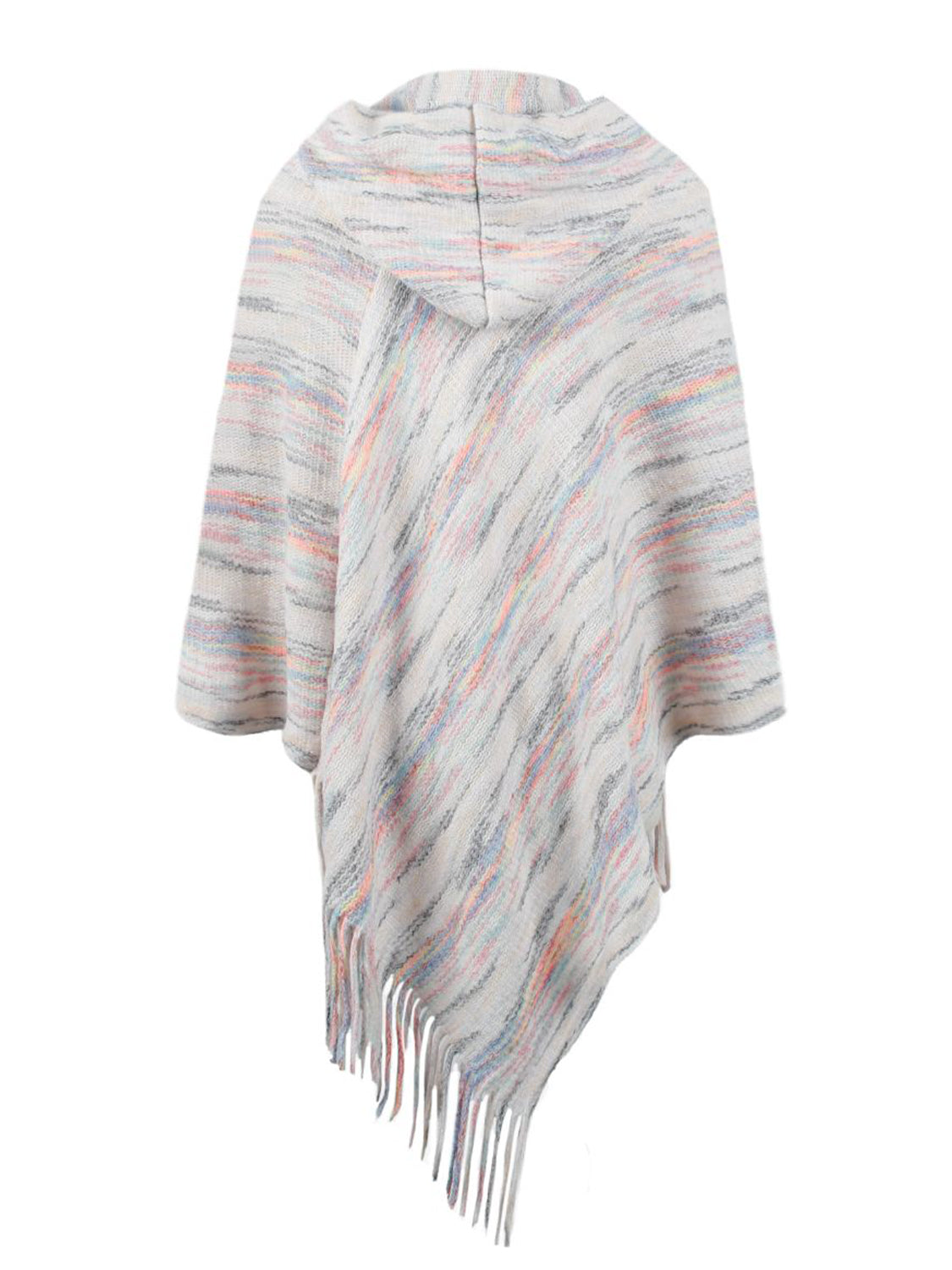 Hooded mélange cape in ivory with colorful stripes and fringe detail.