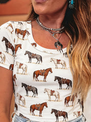 White fitted t-shirt with all-over horse print and scoop neck.