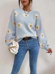 Daisy Field Puff Sleeve Knit sweater in Misty Blue with allover white daisy print and balloon sleeves.