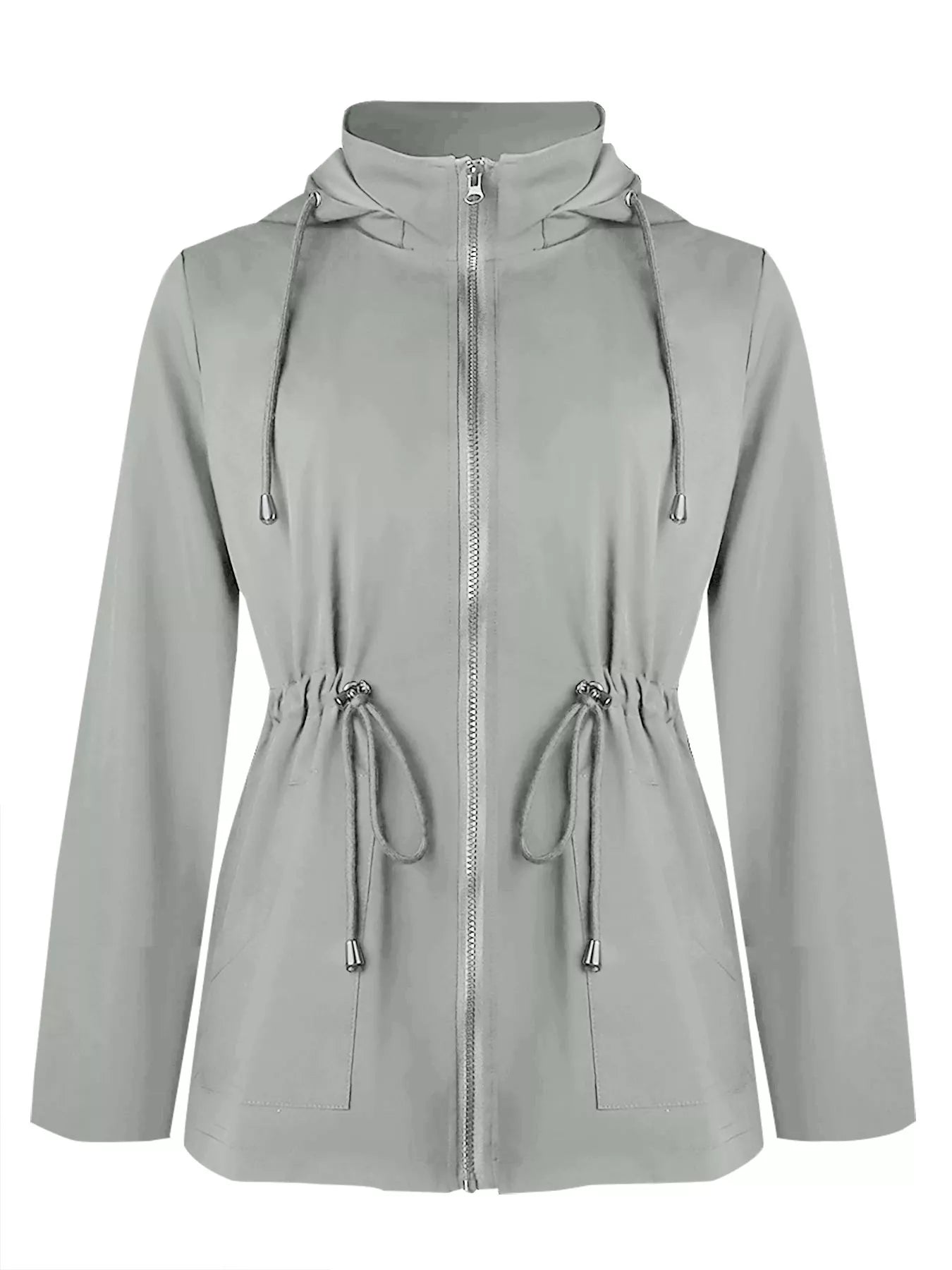 Light gray hooded zip-up jacket with drawstring waist and hood