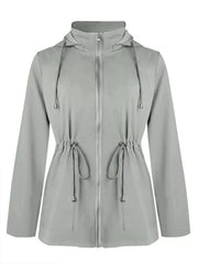 Light gray hooded zip-up jacket with drawstring waist and hood