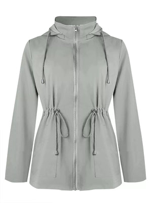 Light gray hooded zip-up jacket with drawstring waist and hood