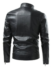 Black plus-size moto jacket with zip cuffs and a stand collar.